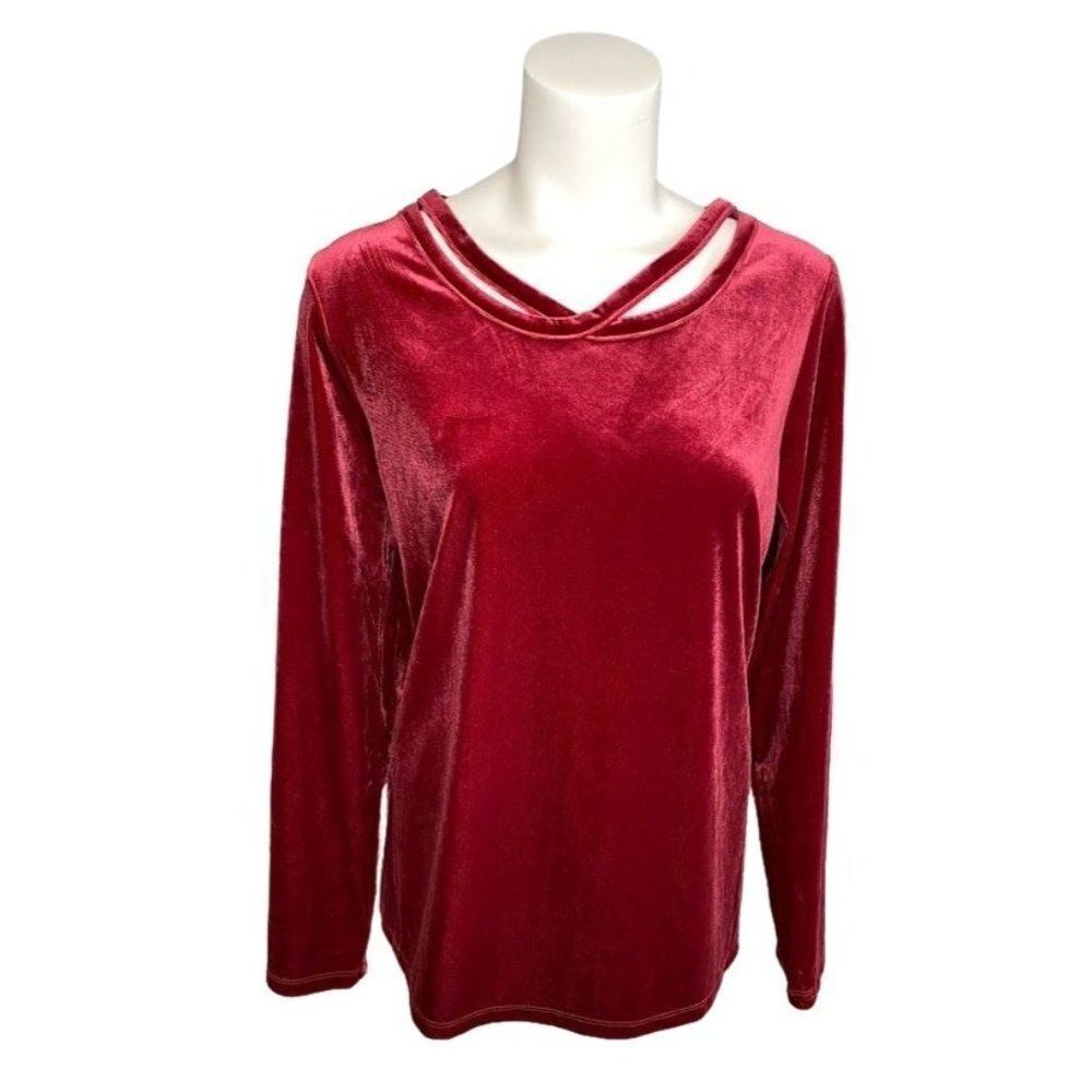 LIZ CLAIBORNE Red Stretch Velvet Long Sleeve Top sz Large